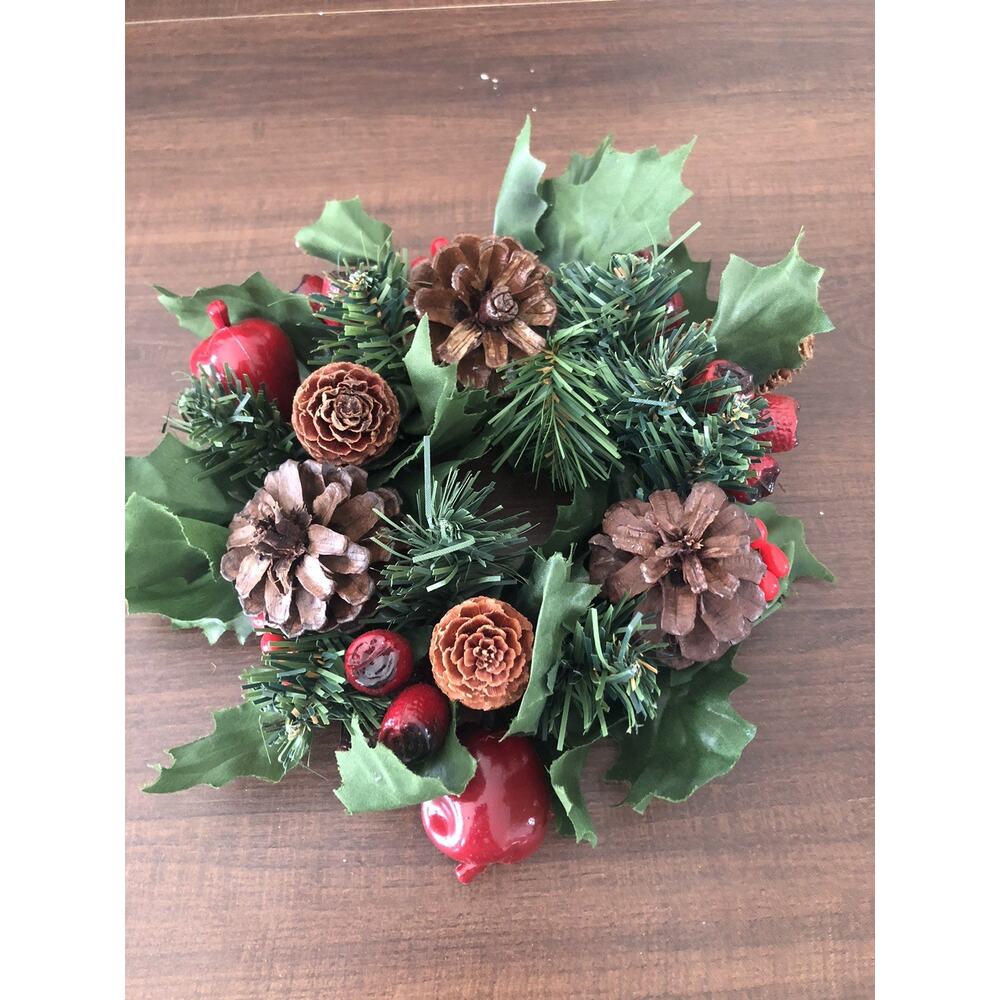 Vtg Plastic Christmas Holiday Candle Wreath Ring Kitschy Green Pinecones Apples